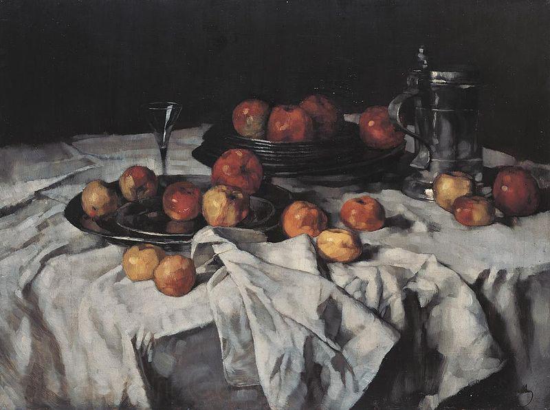 Carl Schuch Still Life with Apples, Wine-Glass and Pewter Jug